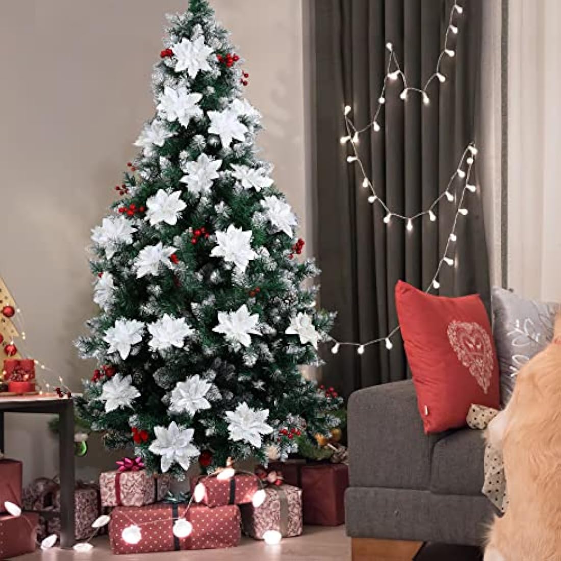Toyvian 12-Piece Glitter Artificial Poinsettia Christmas Tree Flowers
