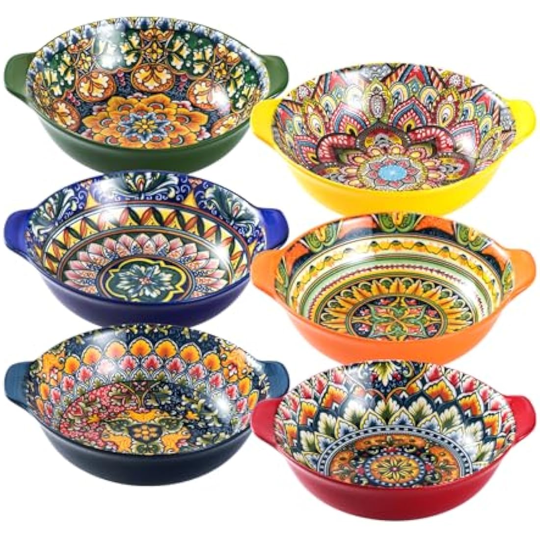 Henten Home Bohemian Ceramic Bowls Set - 6pc Colorful Porcelain with Handles
