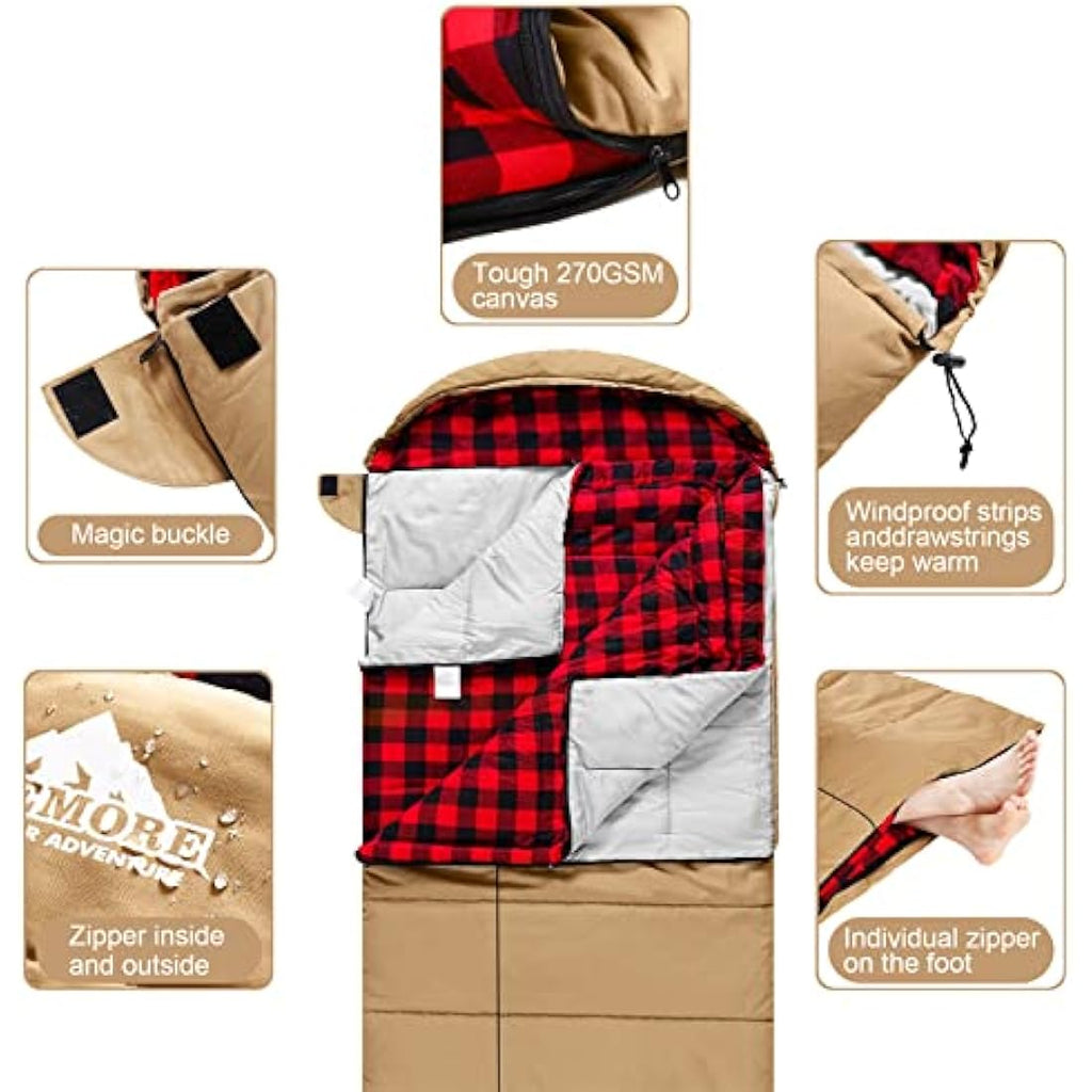 MCOTA 0 Degree Canvas Sleeping Bag – Oversized Flannel Lined Winter Gear