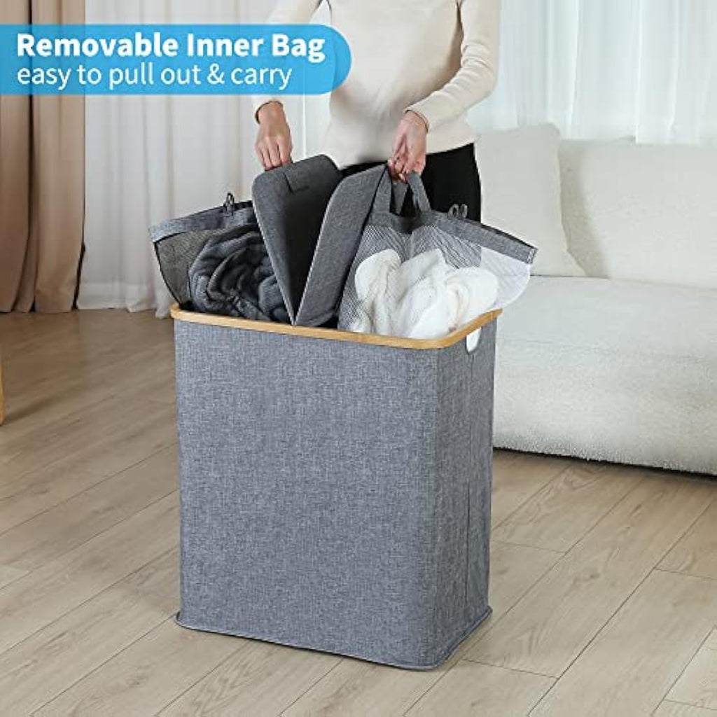 Efluky 140L Large Divided Laundry Hamper with Lid | Bamboo & Linen