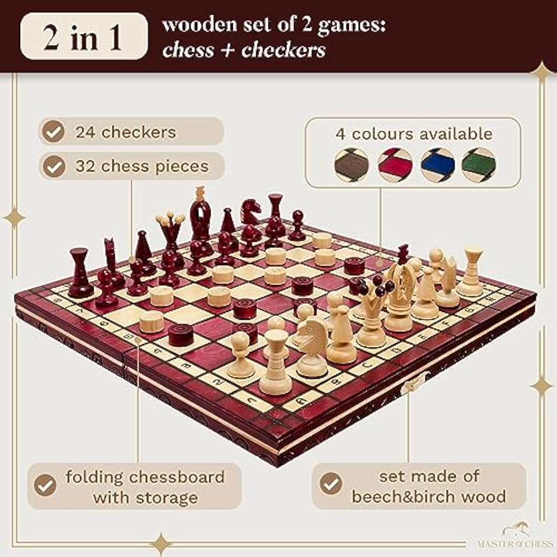 Jolof Store Handmade Wooden Chess and Checkers Set – 35cm Red Travel Board