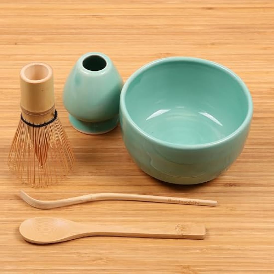 BambooMN Matcha Bowl Set - Handmade Ceramic Tea Whisk & Spoon, Green