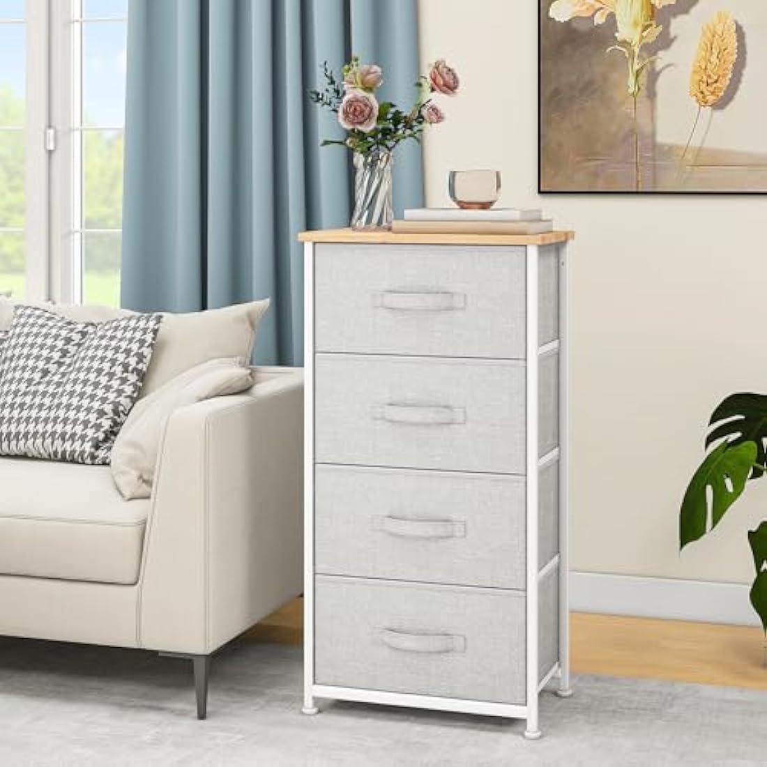 DWVO 4 Fabric Drawer Chest – Steel Frame Bedroom Dresser, Light Grey