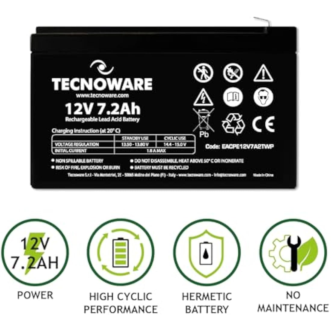 Tecnoware 12V 7.2Ah Sealed Lead-Acid Battery for UPS and Alarm Systems