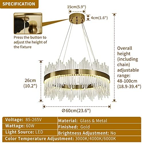 AOOCHOK Modern Gold Crystal Chandelier | 60cm Dimmable LED Pendant Light