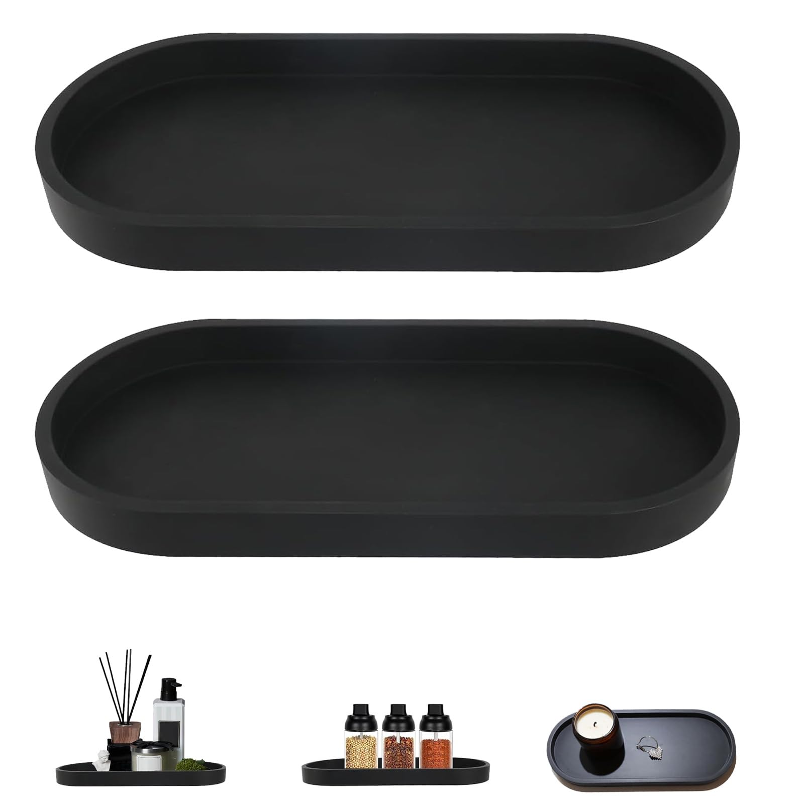 XINSUO 2-Piece Oval Silicone Bathroom Vanity Tray - Shatterproof Black