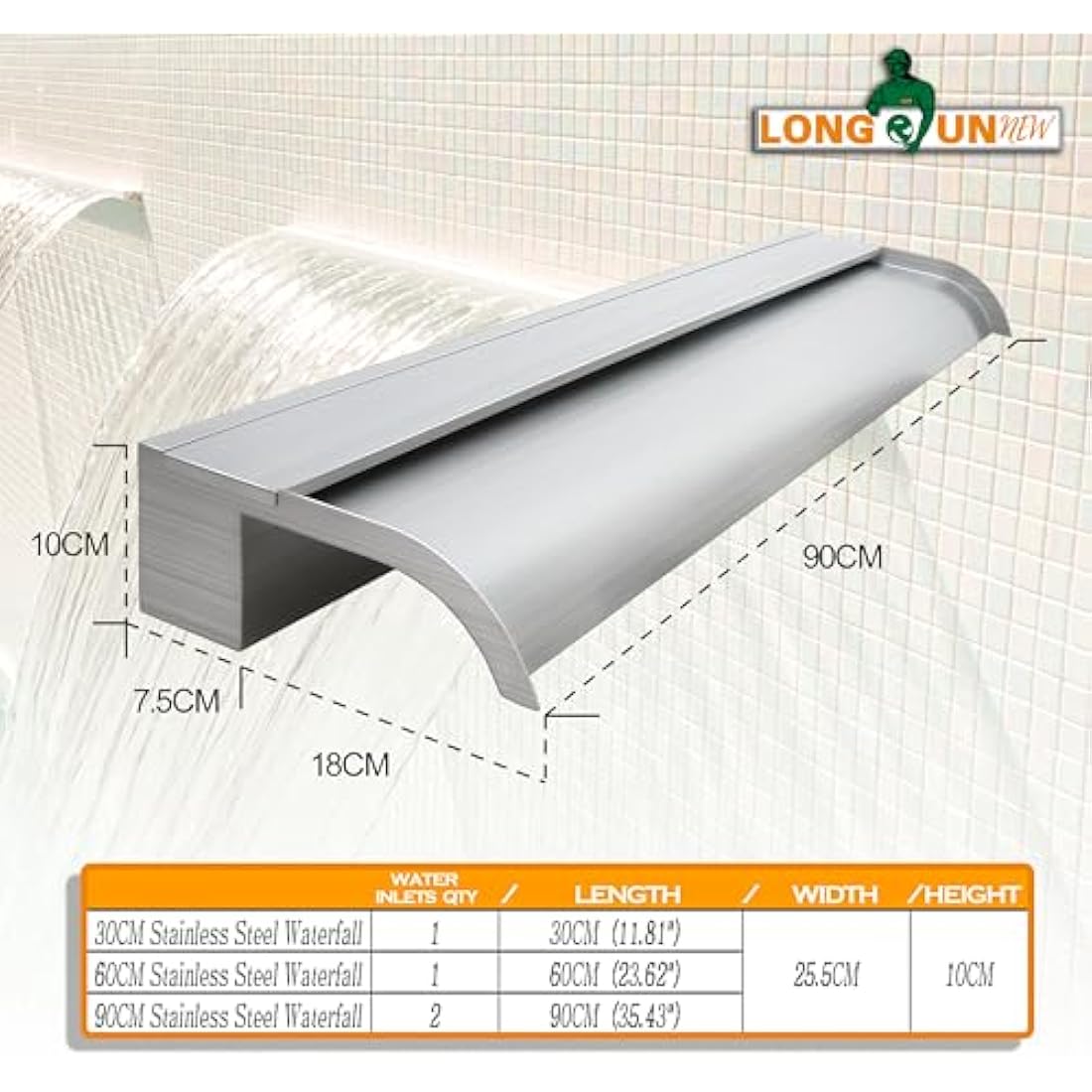 LONGRUNNEW 90cm Stainless Steel Pond Waterfall Blade Pool Spillway