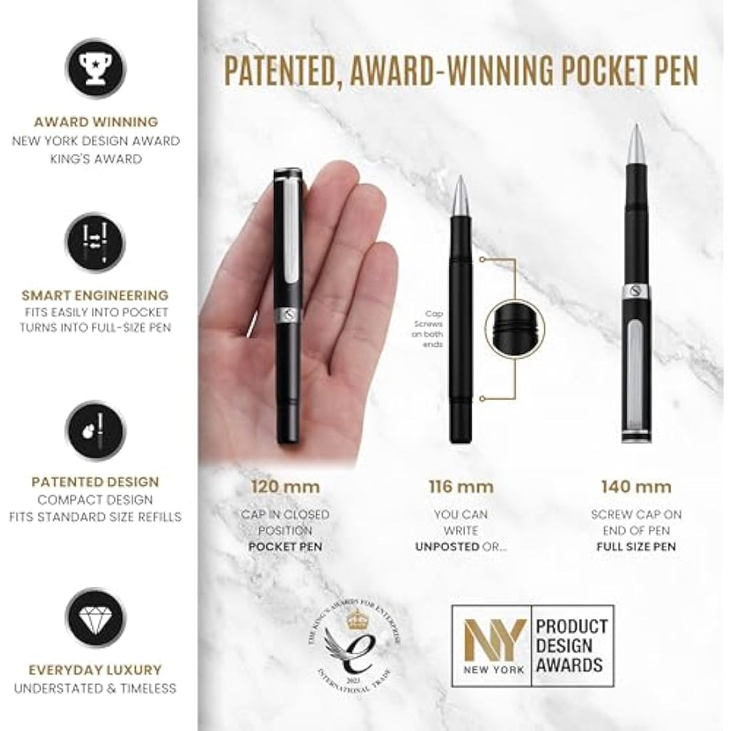 Scriveiner Black Rollerball EDC Luxury Pocket Pen | Chrome Finish