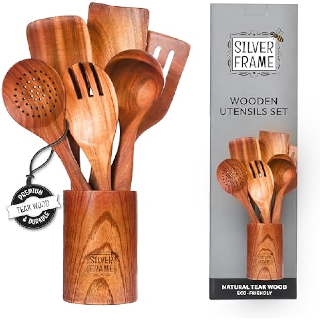 Teak Wood Cooking Utensils Set – 7 Pcs with Kitchen Holder