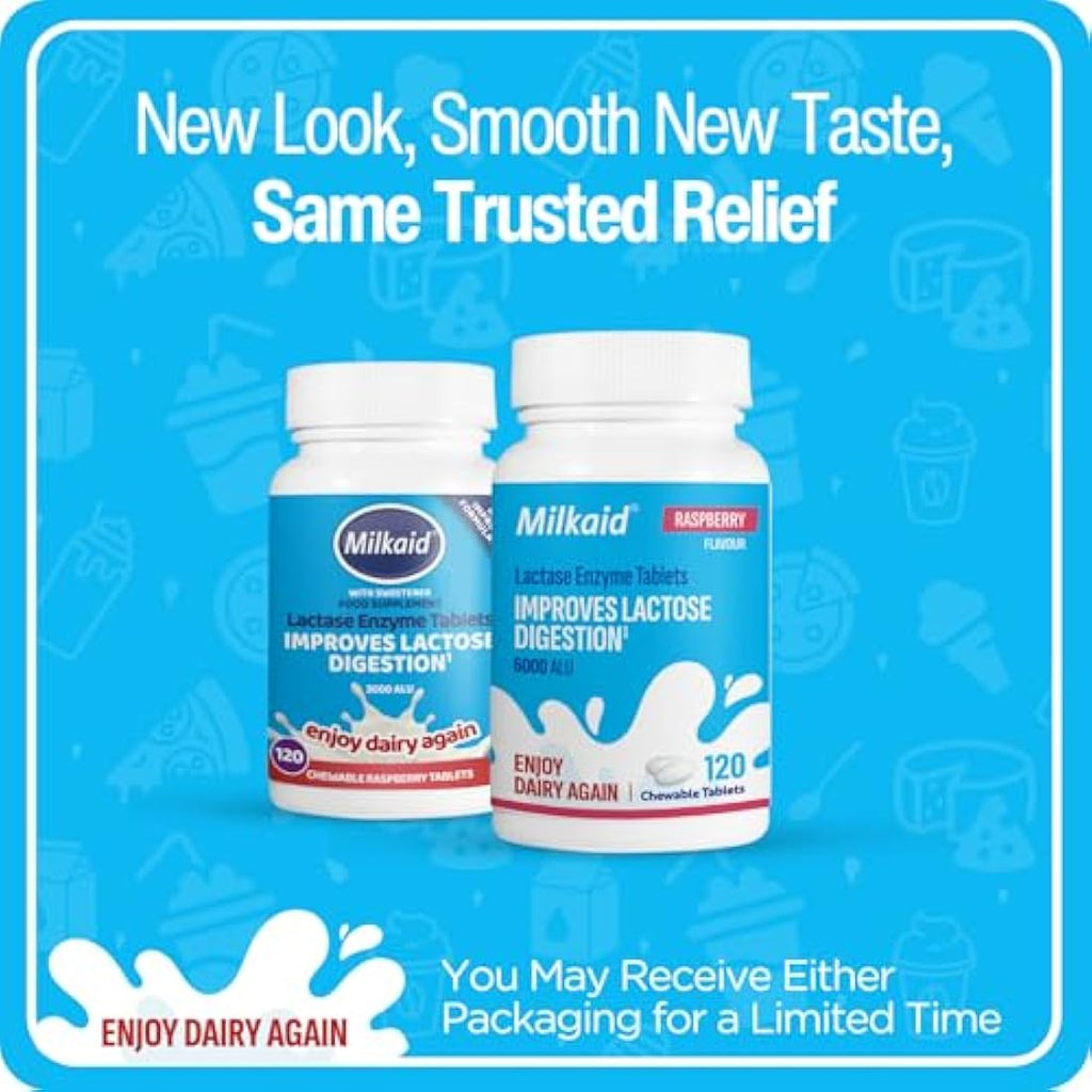Milkaid Lactase Enzyme Chewable Tablets - Raspberry Flavor - 120 Count