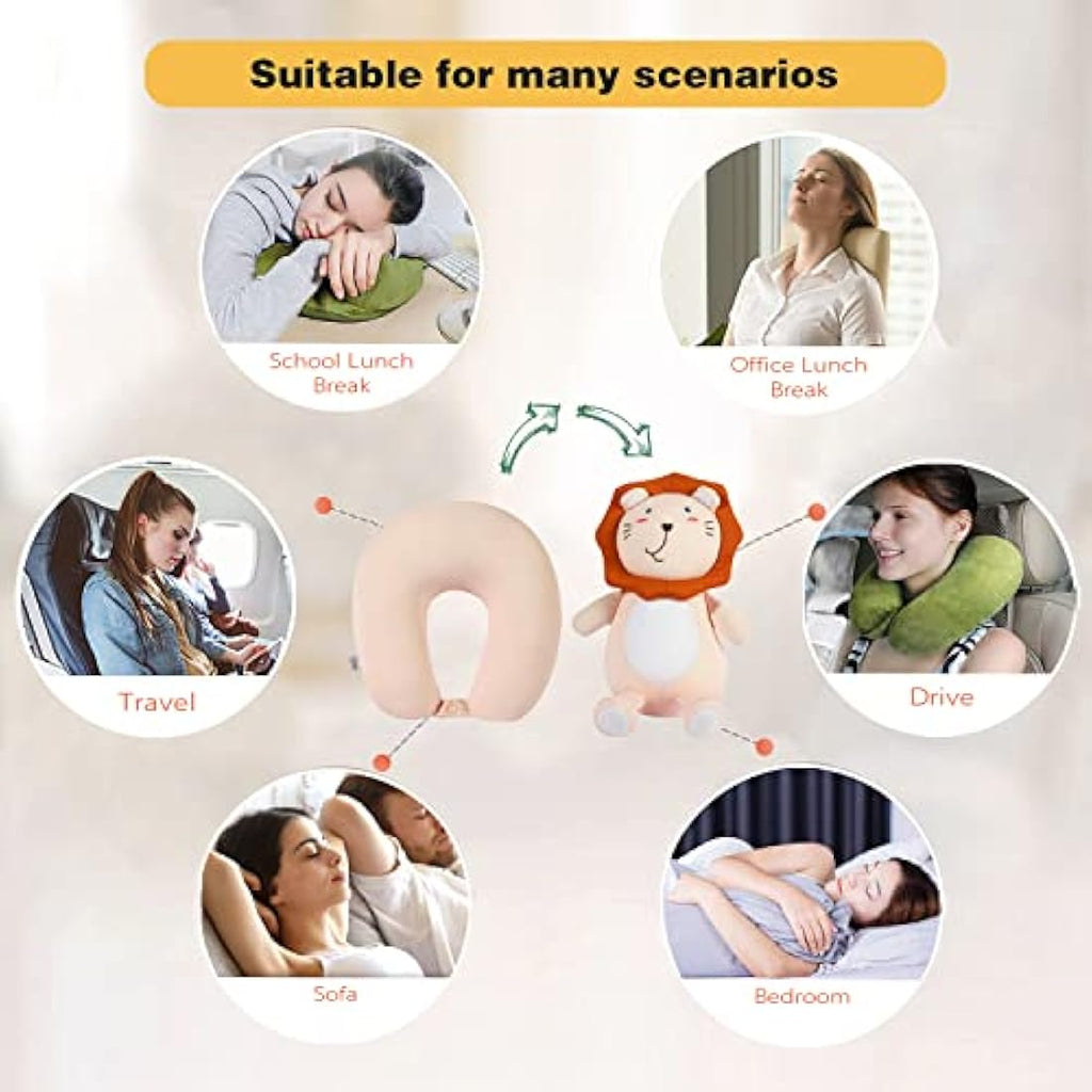 JOYRAVO 2-in-1 Kids Travel Pillow | Convertible Animal Plushie – Pink Lion