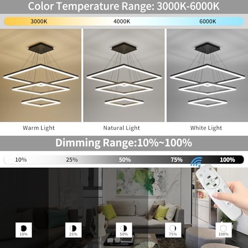 Modern 3-Ring Square LED Chandelier | Dimmable Black Pendant
