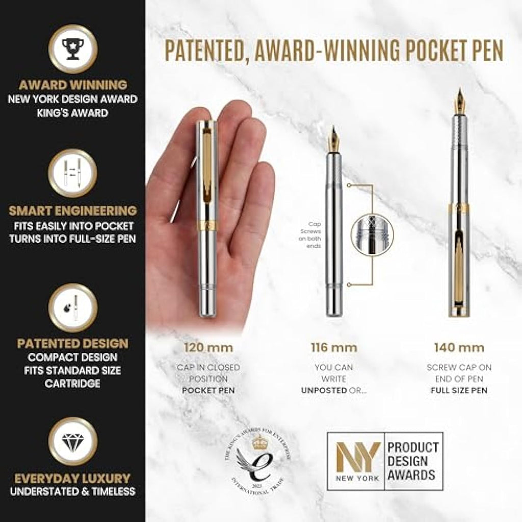 Scriveiner Silver Chrome Fountain Pen | Fine Schmidt Nib Gold Plated