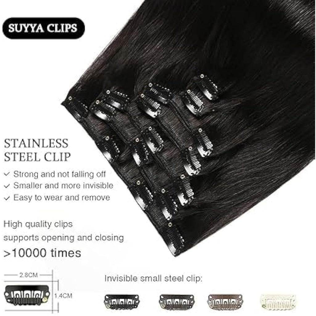 Suyya Clip in Human Hair Extensions | 12 Inch Remy Straight #1B Black