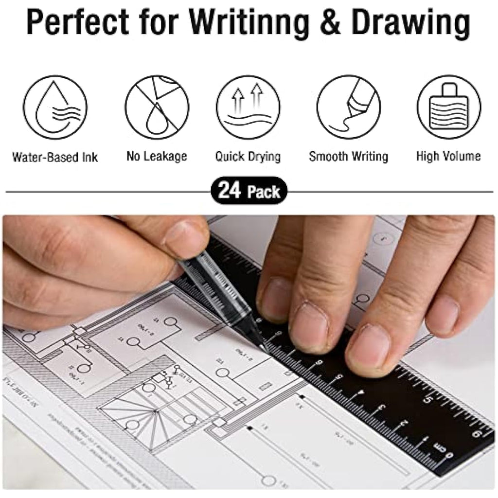 AKARUED 24 Pack Black Rollerball Pens | 0.5mm Quick-Drying Liquid Ink