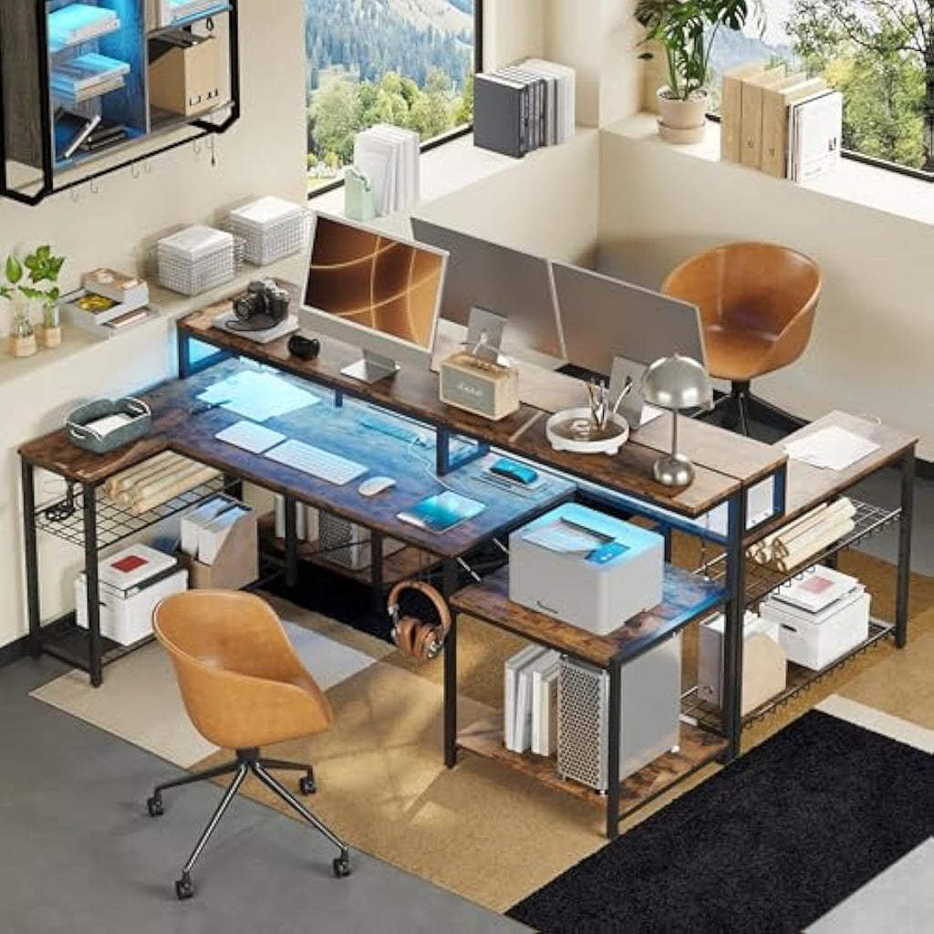 Bestier 181cm L-Shaped Gaming Desk with LED Lights and Power Outlets
