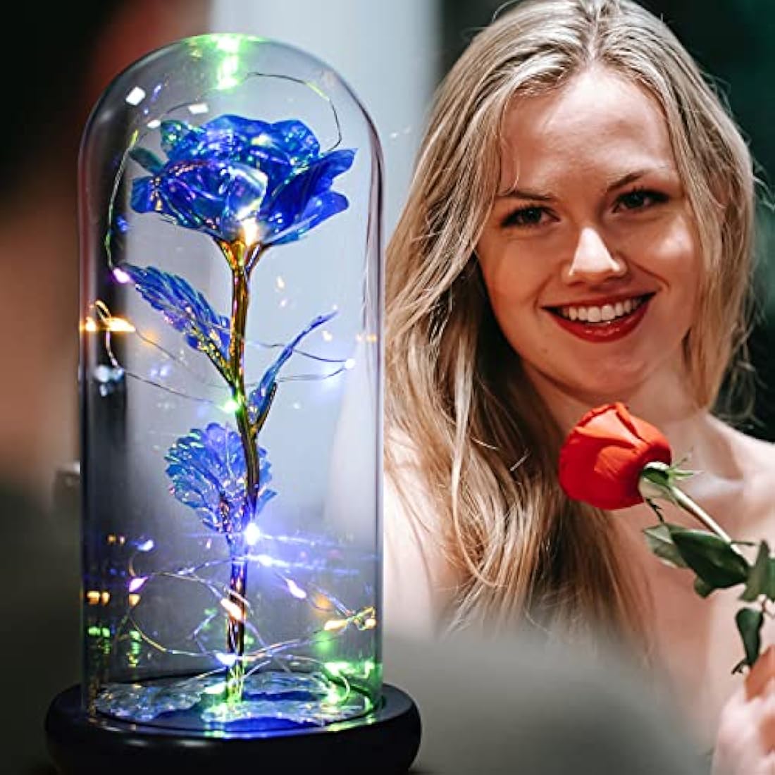 QUELIEN Galaxy Rose in Glass Dome – LED Blue Eternal Flower Gift for Her