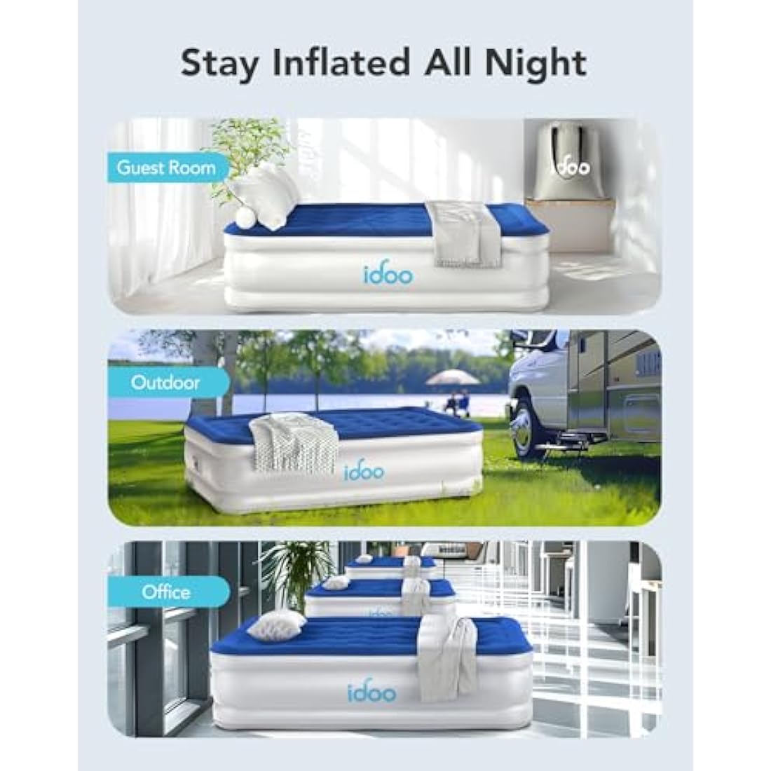 iDOO Inflatable Air Mattress with Built-in Pump | Double Camping Bed