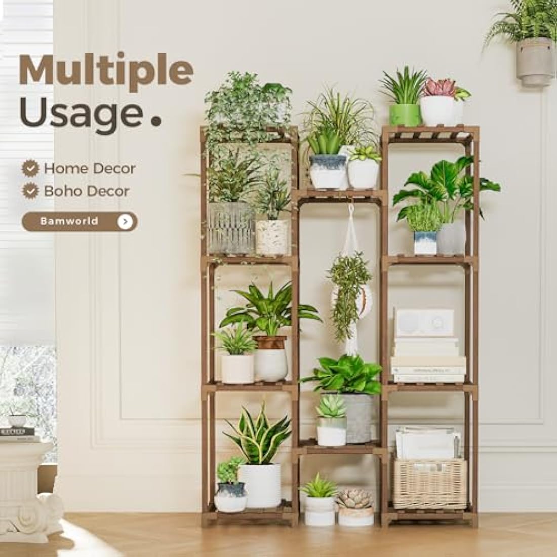 Bamworld 10-Tier Wooden Plant Stand | Large Hanging Flower Shelf - Brown