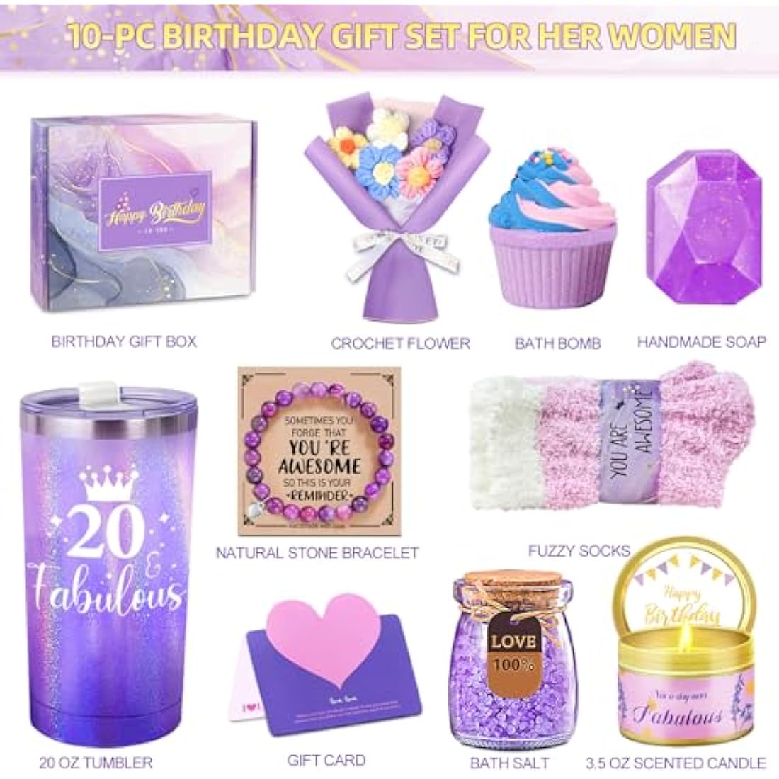 Jolof Store 20th Birthday Gift Box for Her – 10pc Spa Hamper for Girls