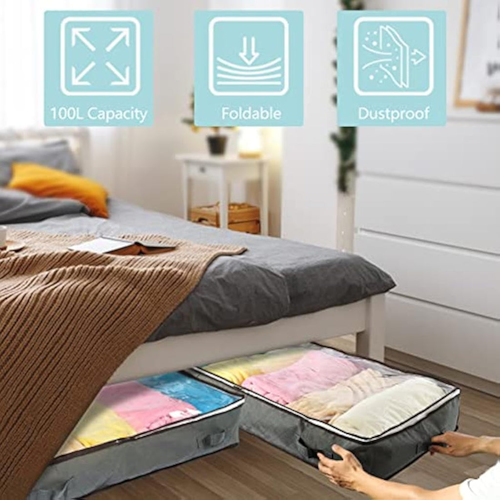 Underbed Storage Boxes with Lids – 100L 4-Pack for Bedding