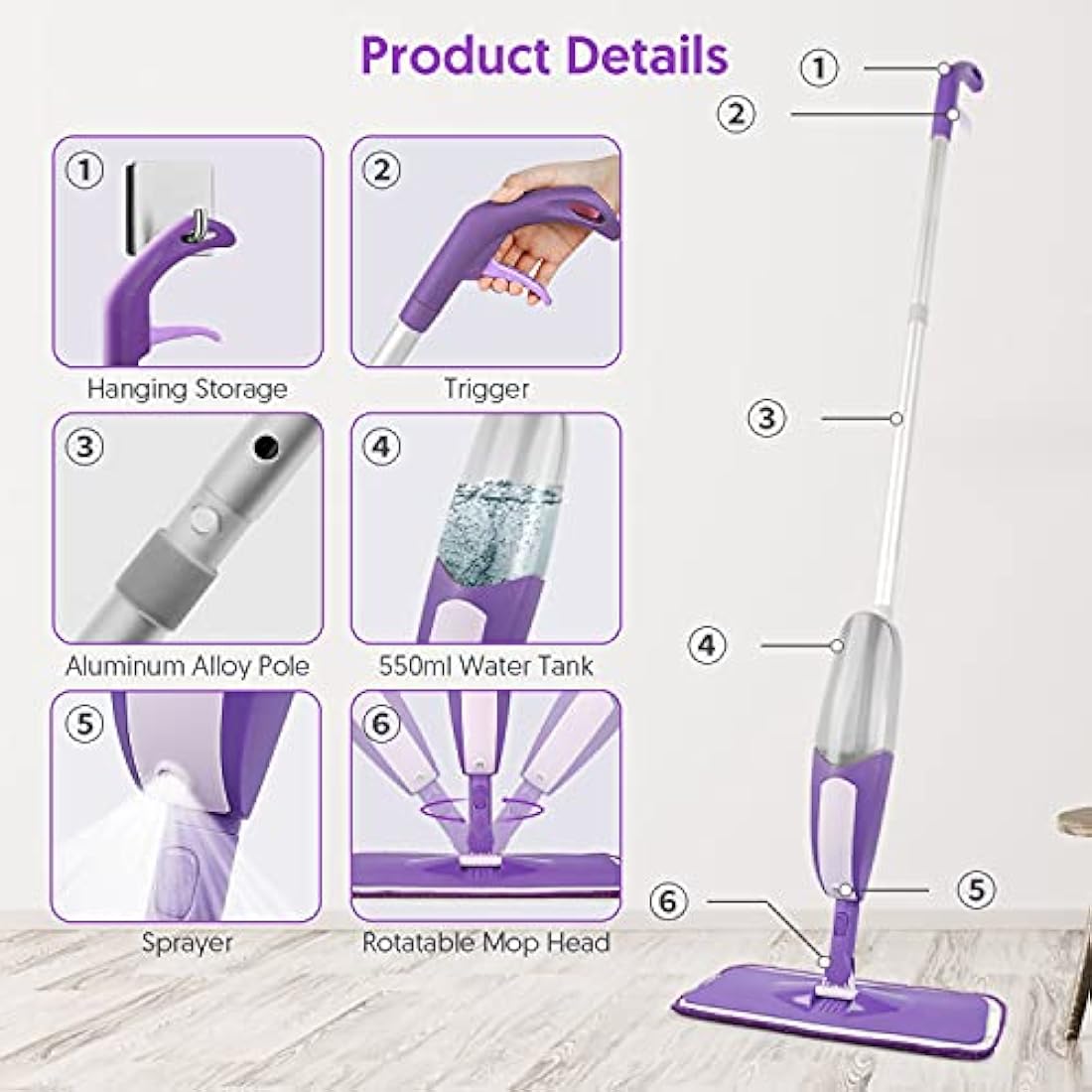 SEVENMAX Spray Mop for Floor Cleaning | Microfiber Wet Dry Mop with 3 Pads