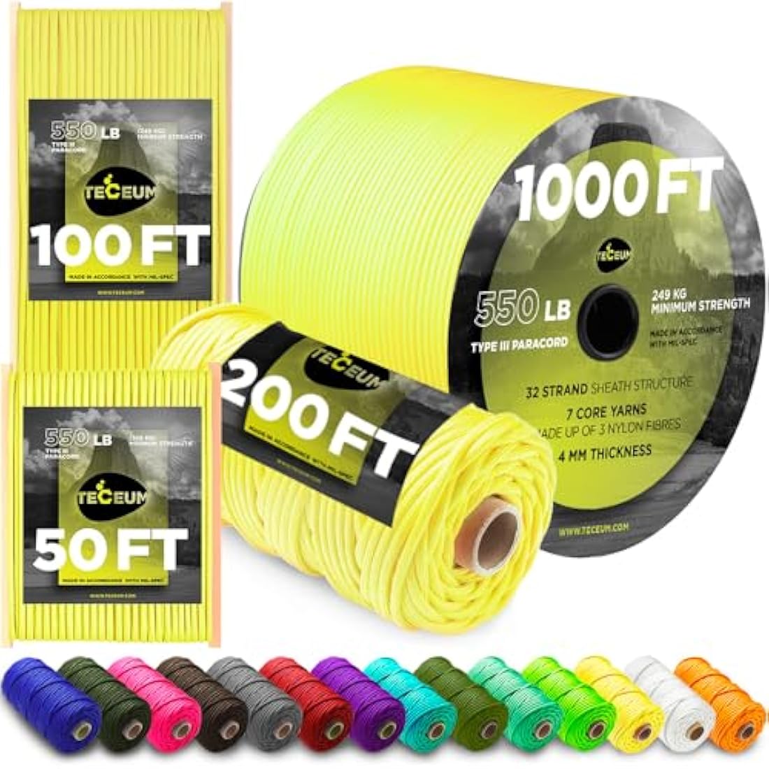 TECEUM 550lb Paracord – 4mm Nylon Tactical Rope for Camping & Survival