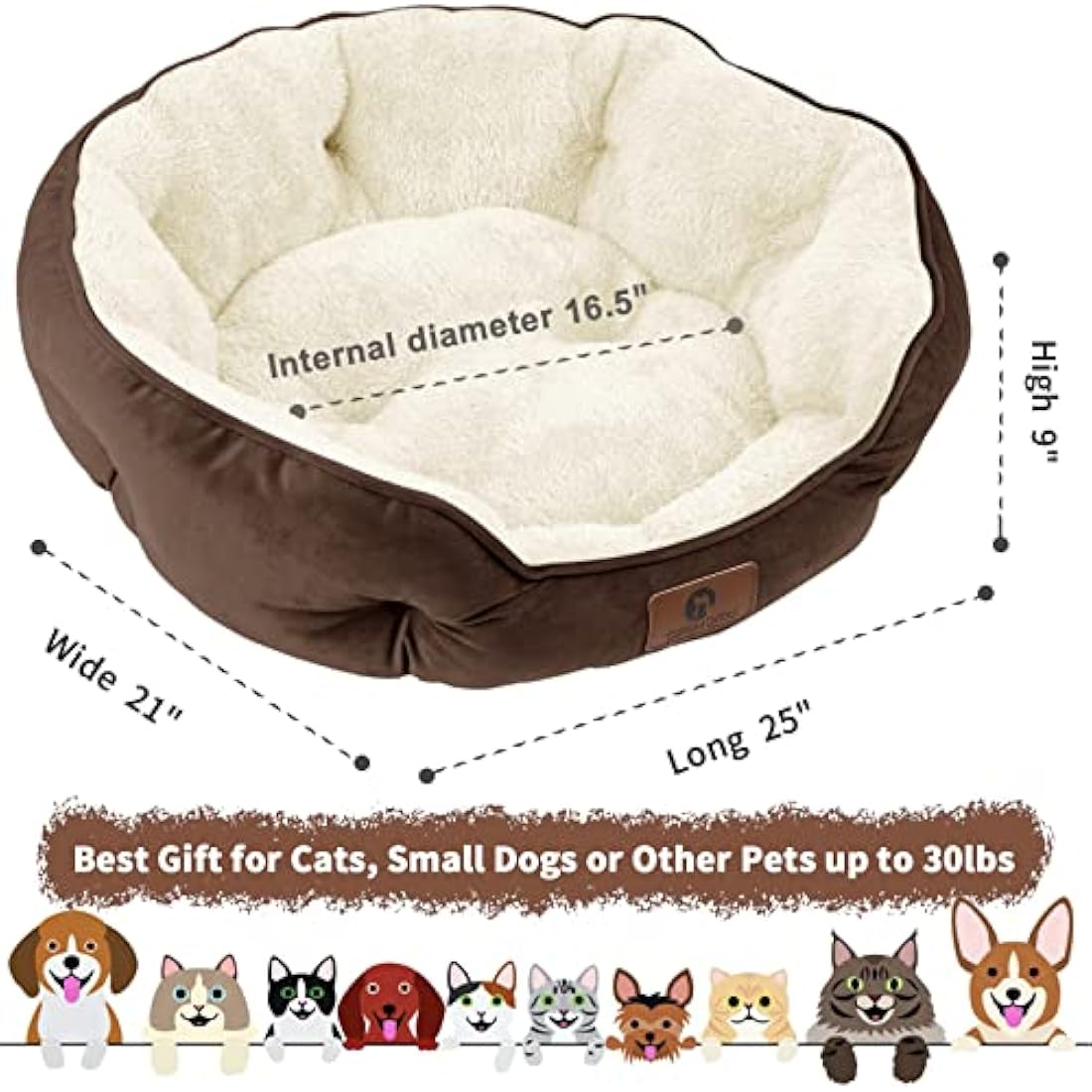 Round Sherpa Dog Bed – Washable Calming Pet Bed, Brown, 25"