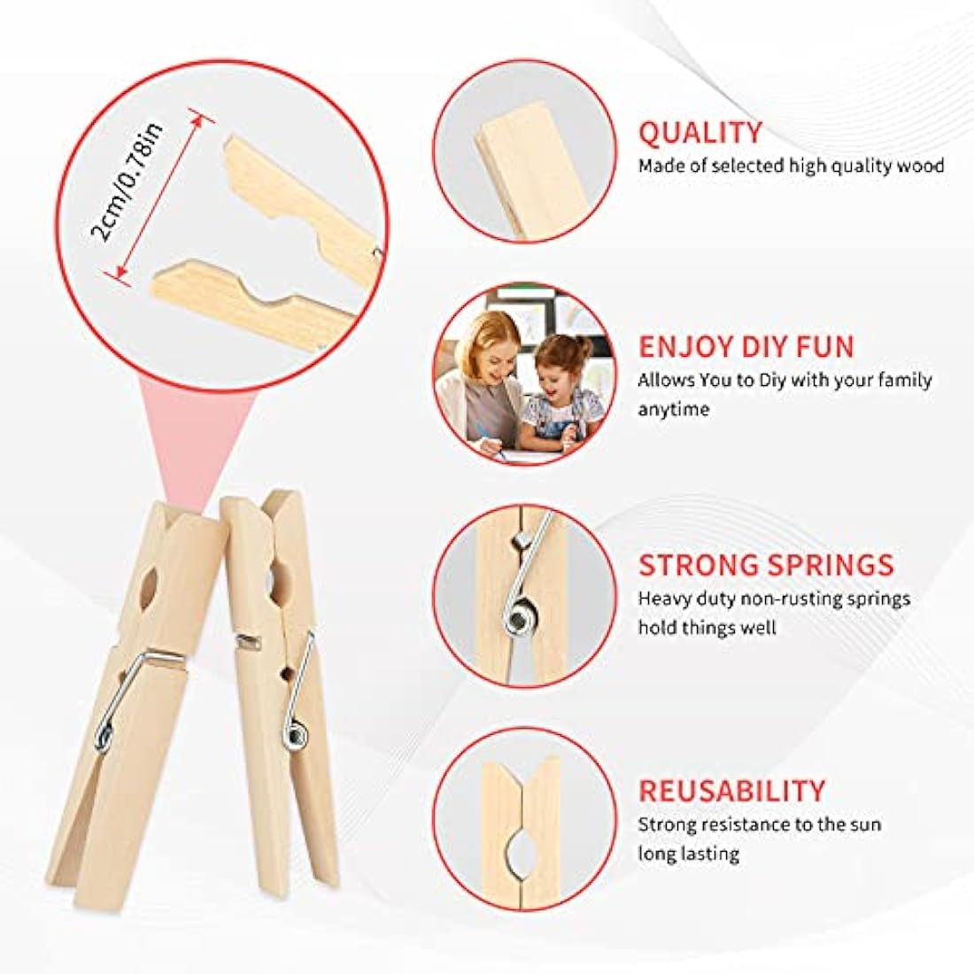 Jolof Store 100PCS Wooden Pegs – 7.2CM Strong Laundry & Craft Clips
