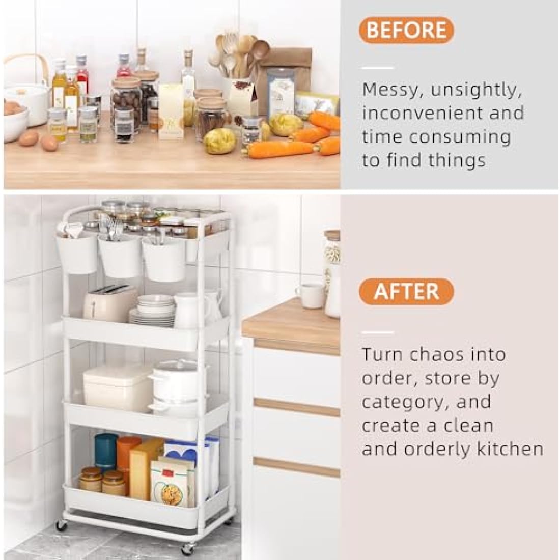 JIUYOTREE 4-Tier Rolling Utility Cart with Handles and Wheels - White