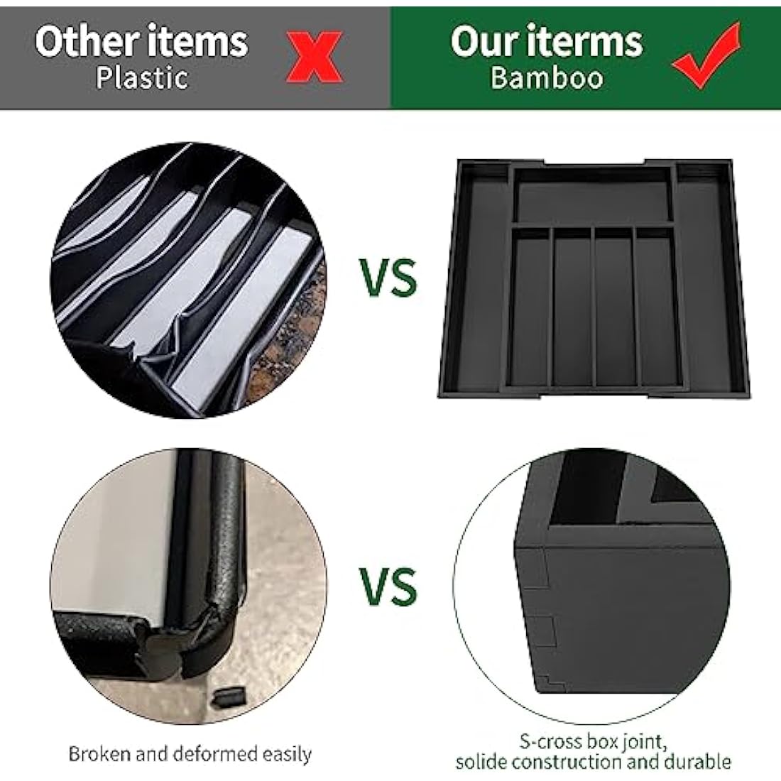 Utoplike Expandable Bamboo Cutlery Drawer Organiser | Black Utensil Tray