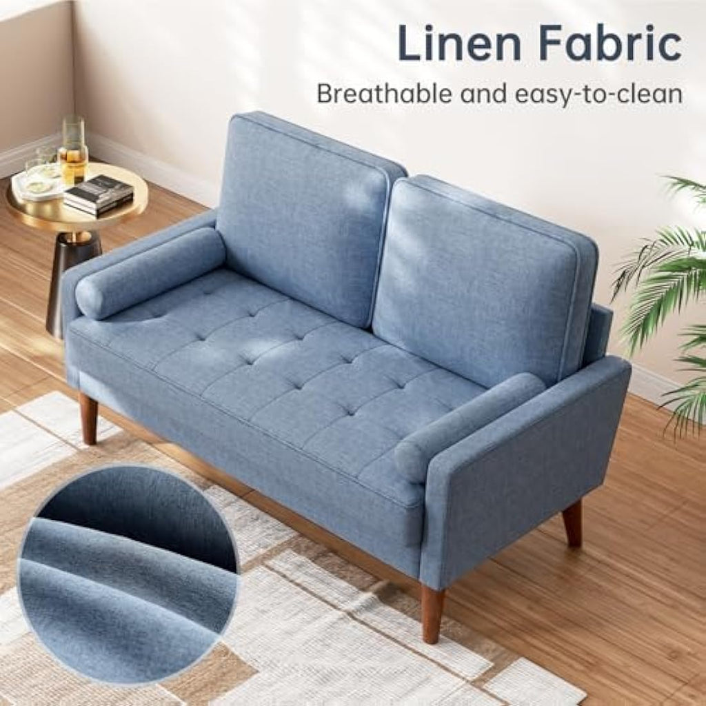 Vesgantti 2 Seater Blue Linen Love Seat – Modern Small Sofa Couch