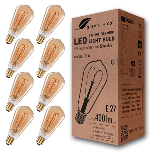 greenandco E27 ST64 Vintage LED Filament Bulb – 2000K Warm White, 8-Pack
