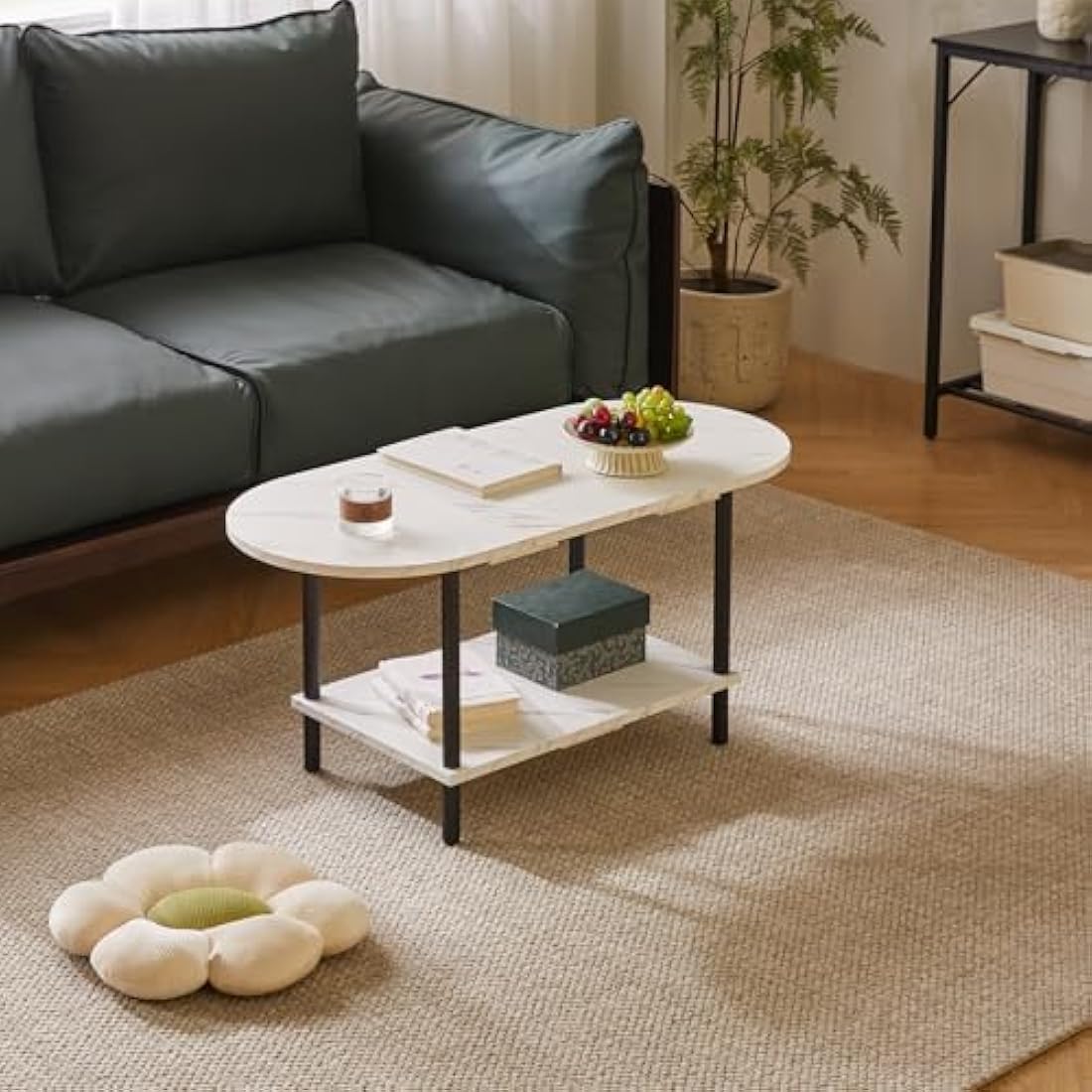 Aibiju Oval Coffee Table | 2-Tier Storage with Wooden Legs, White Marble