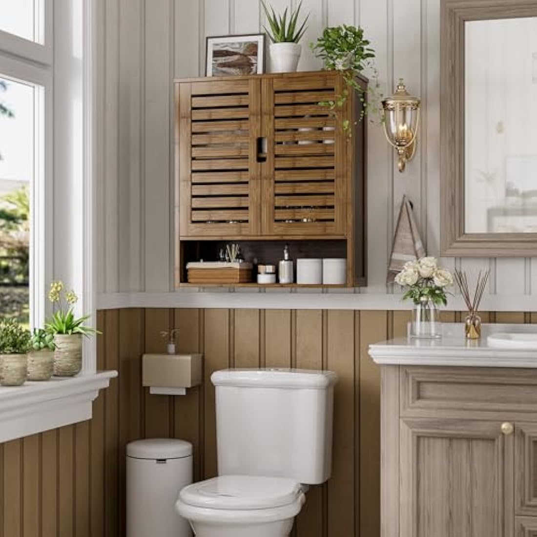 SMIBUY Bamboo Wall Mounted Bathroom Cabinet – Over-The-Toilet Storage, Walnut