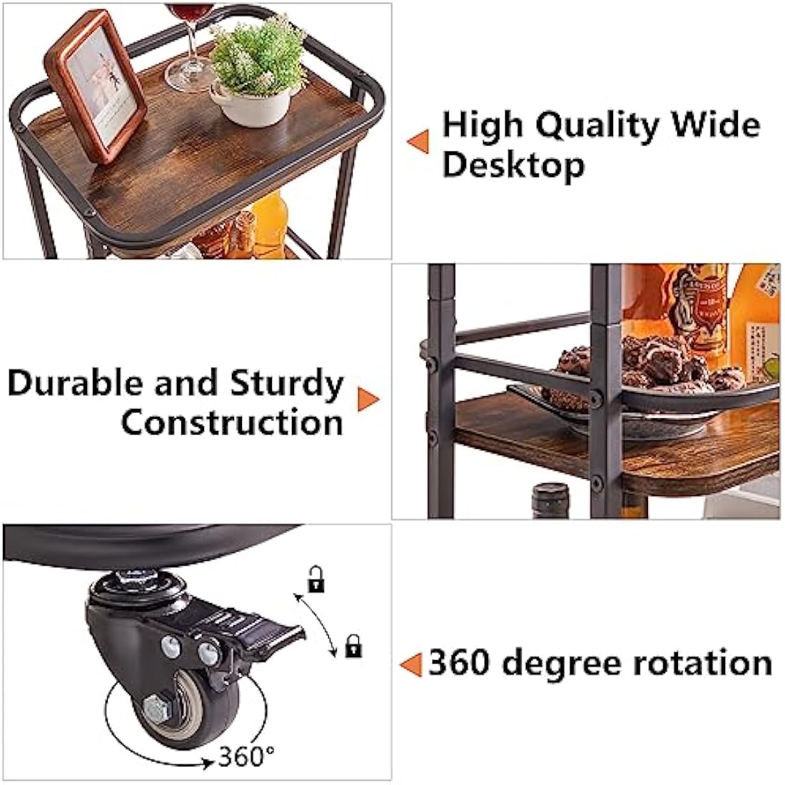 IBUYKE 3-Tier Rolling Bar Cart – Rustic Brown Kitchen Serving Trolley
