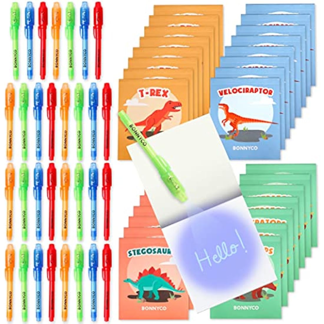 BONNYCO Invisible Ink Pen and Notebook Set – 32 Pack Dinosaur Party Favors