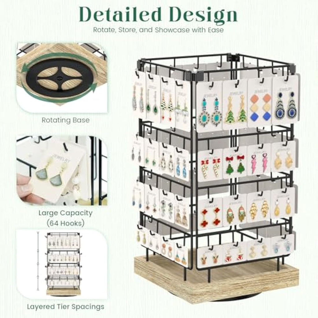 EsLuker.ly Rotating Earring Display Stand | 64 Hook Jewelry Rack with Wood Base