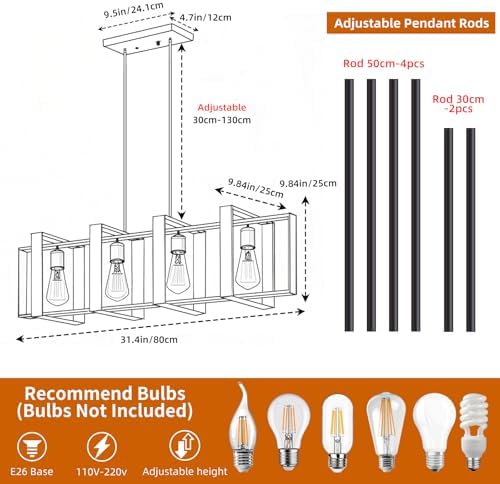 Mikeru Farmhouse Pendant Light | 4-Light Black Metal & Wood Chandelier