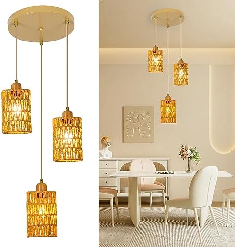 FORCOSO 3-Light Rattan Pendant Light – Boho Handwoven Hanging Ceiling Lamp
