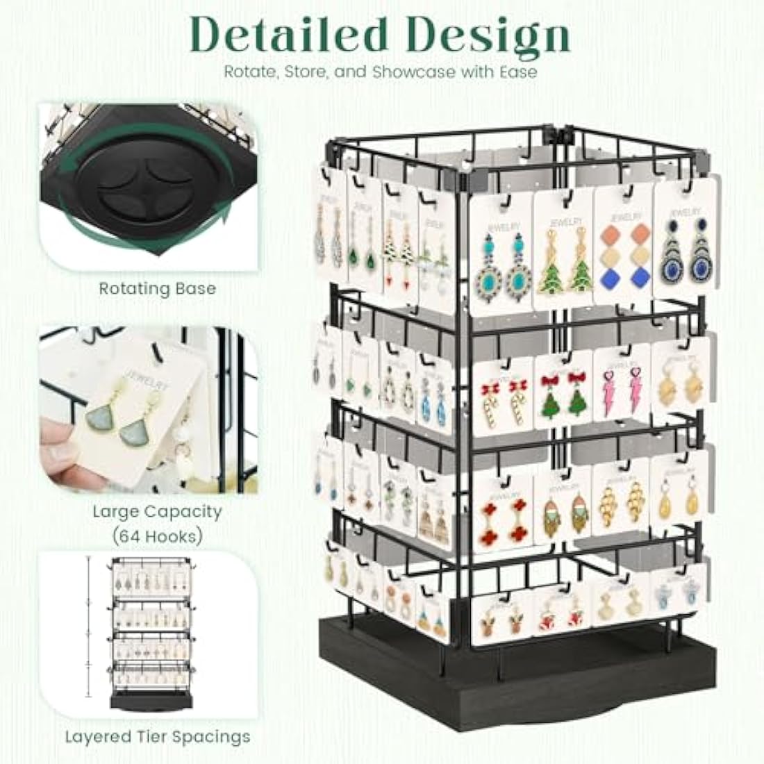 EsLuker.ly Rotating Earring Display Stand | 64 Hook Jewelry Rack