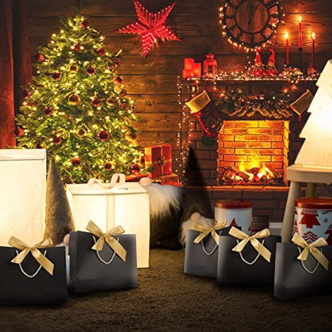 Black Gift Bags with Ribbon Bow - 8 Pack Paper Bags for Weddings