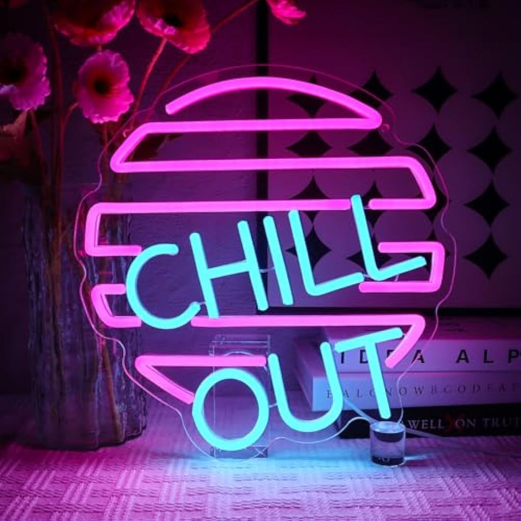 Jolof Store Chill Out Neon Sign – Blue & Pink LED Wall Decor for Game Room