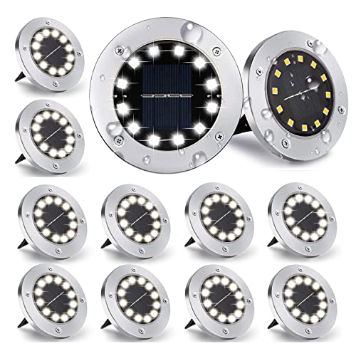 Nurkoo Solar Floor Lights | 12-Pack Outdoor 12 LED Disk Lights | Cool White