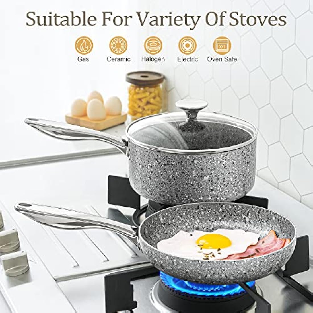 Michelangelo 26cm Non Stick Frying Pan with Lid | Granite Induction Skillet