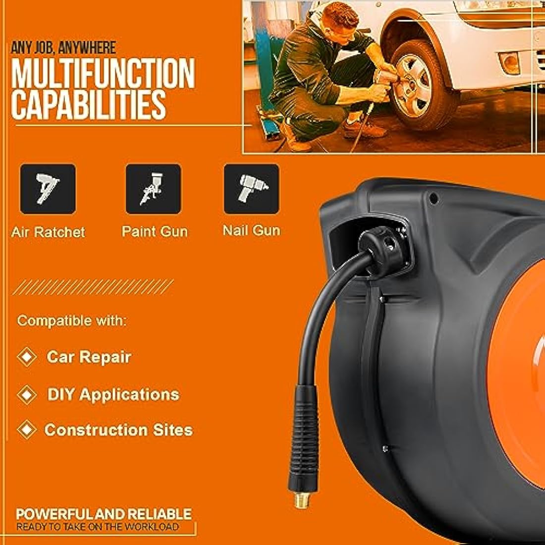 SuperHandy Retractable Air Hose Reel | 3/8" x 50' Hybrid Polymer Hose