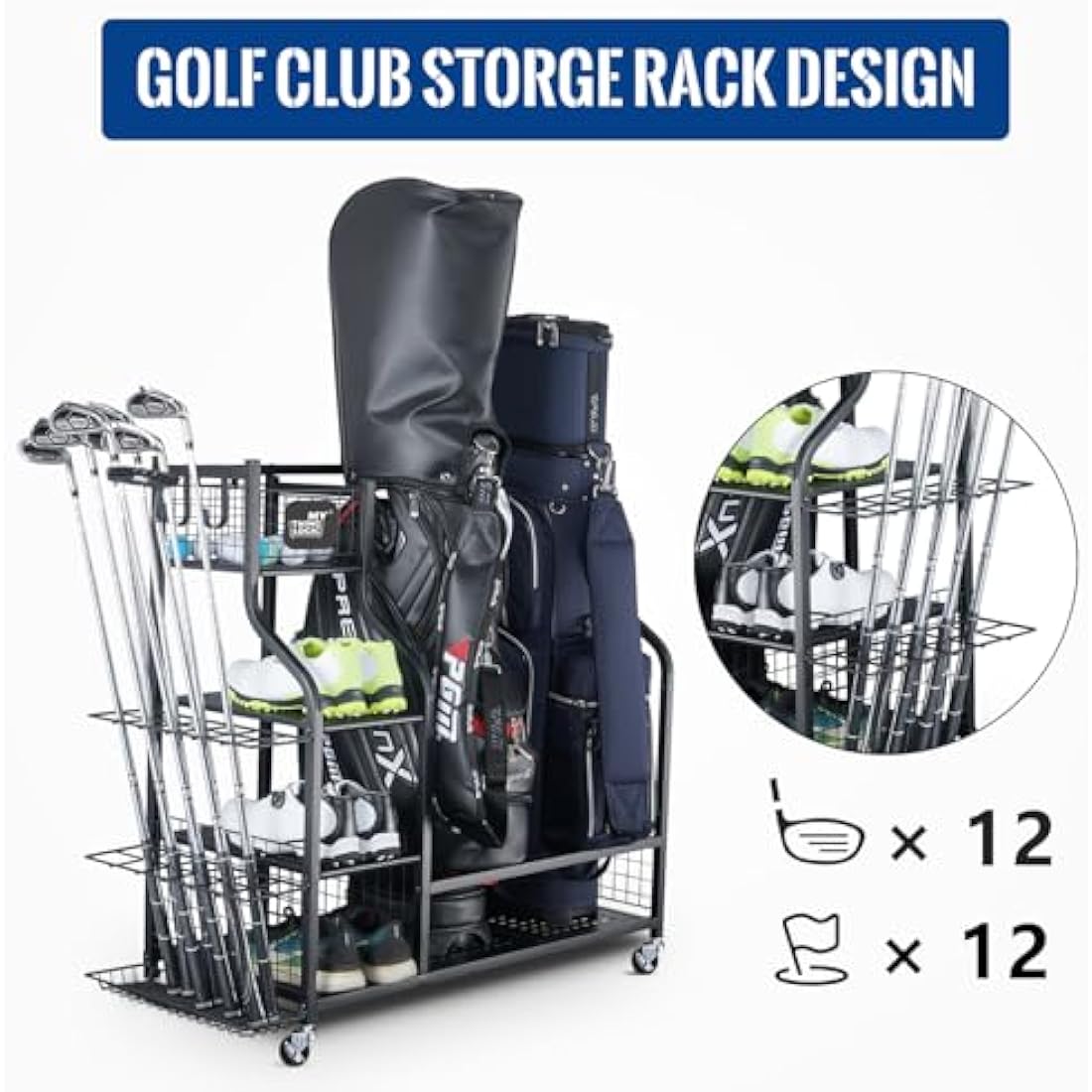 Mythinglogic Golf Storage Rack – Extra Large Rolling Organizer with Wheels