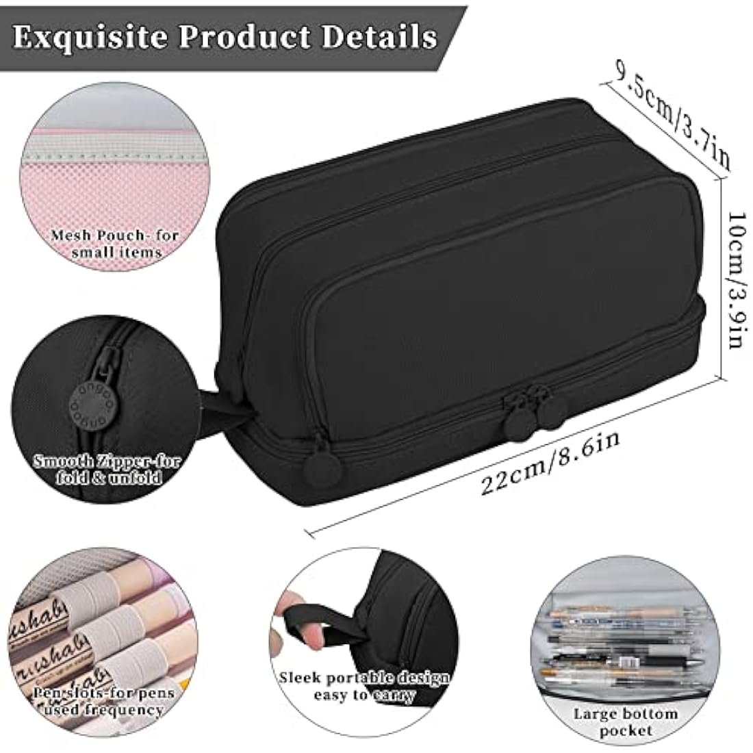 Tesmien Large Pencil Case | 4-Compartment Canvas Stationery Bag - Black