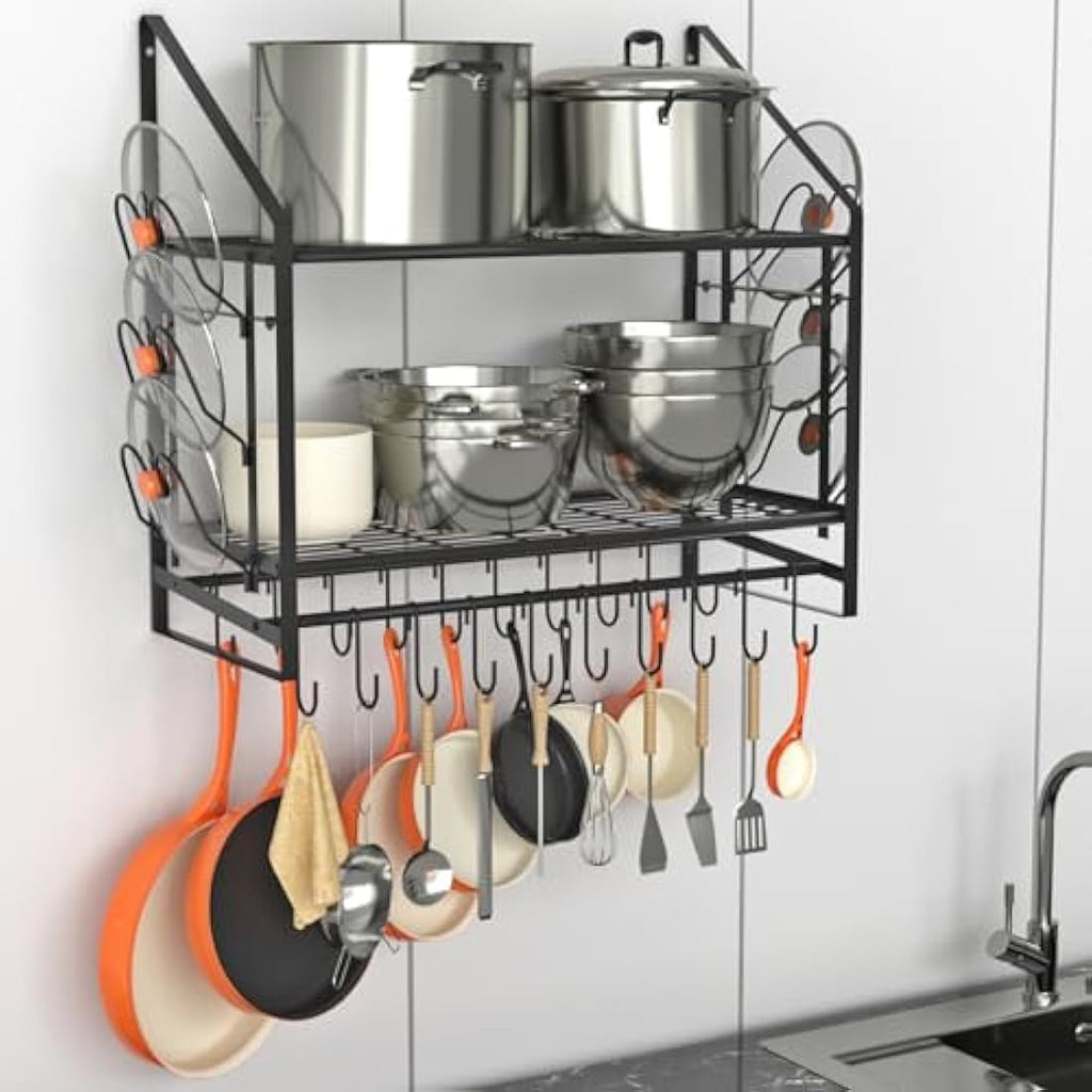 VyGrow 2-Tier Wall Mounted Pot Rack | Heavy Duty Steel Pan Organizer