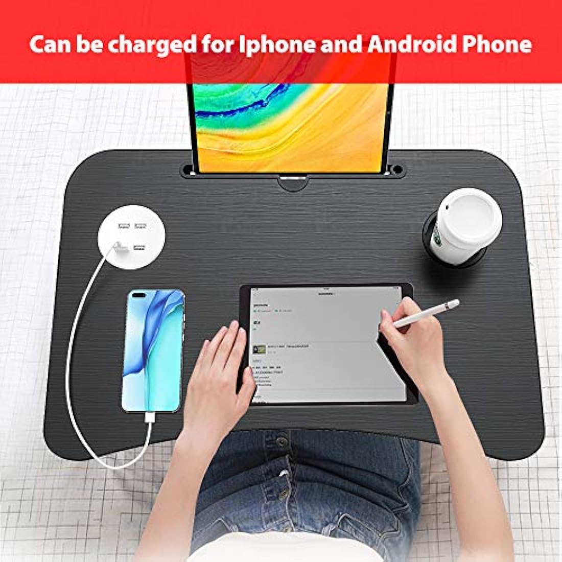 Laptop Bed Tray with USB Ports, Cup Holder & Fan – 23.6 Inch